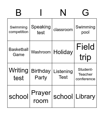 Rooms and Events Bingo Card