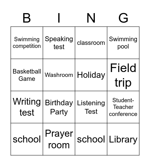 Rooms and Events Bingo Card