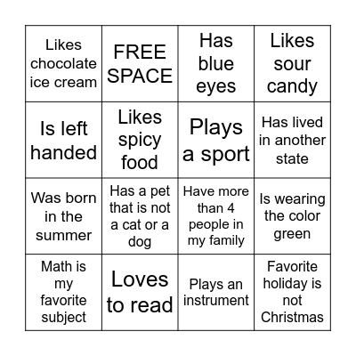Get to know me Bingo Card