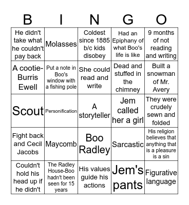 TKM CHapters 1-11 Bingo Card