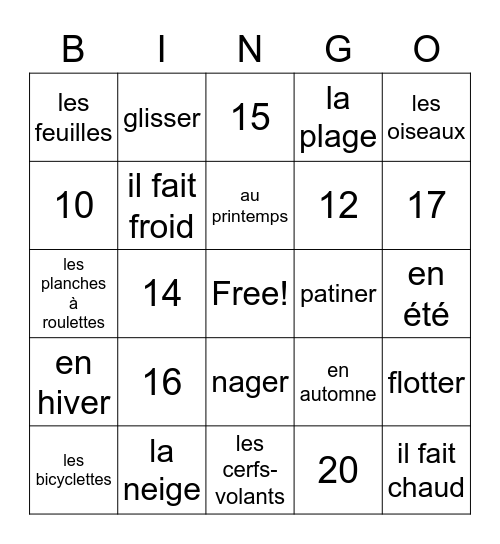 Bingo français Bingo Card
