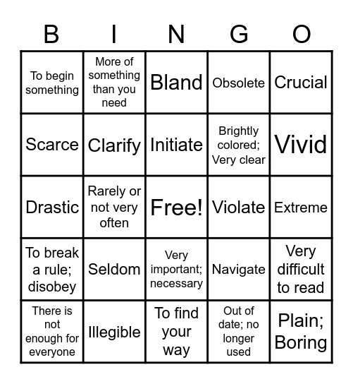 Word of the Week Vocabulary Bingo Card