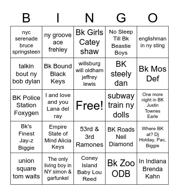 Mixtape Bingo BK songs Bingo Card