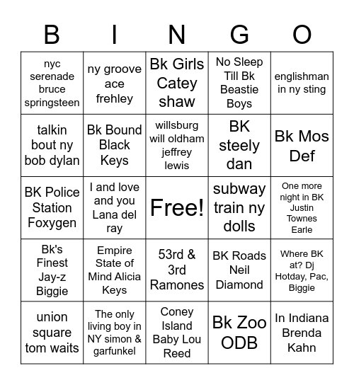 Mixtape Bingo BK songs Bingo Card