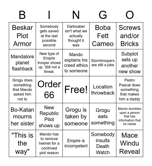 Mandalorian Season 3 Bingo Card