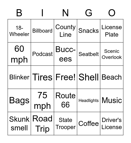 Road Trip Bingo Card