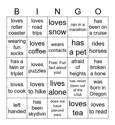 Get to know you Bingo Card
