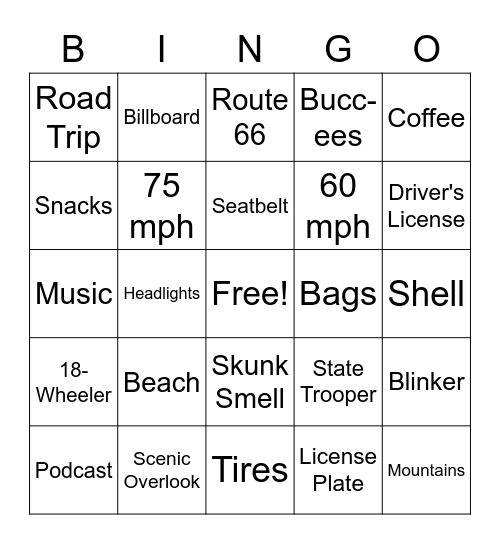 Road Trip Bingo Card