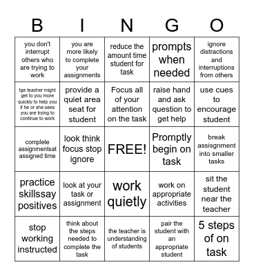 Staying on Task Bingo Card