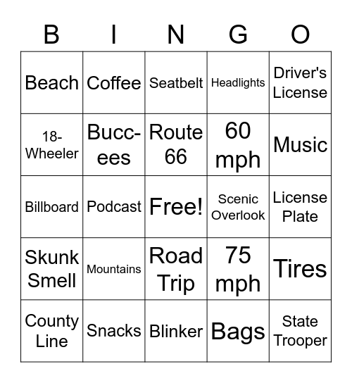 Road Trip Bingo Card