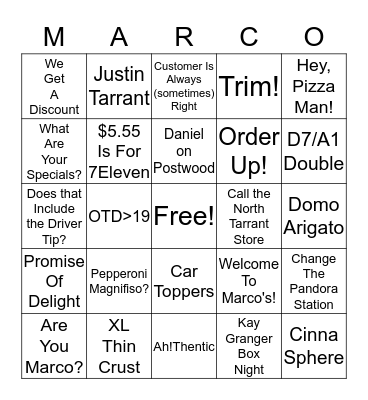 Marco's Pizza Bingo Card
