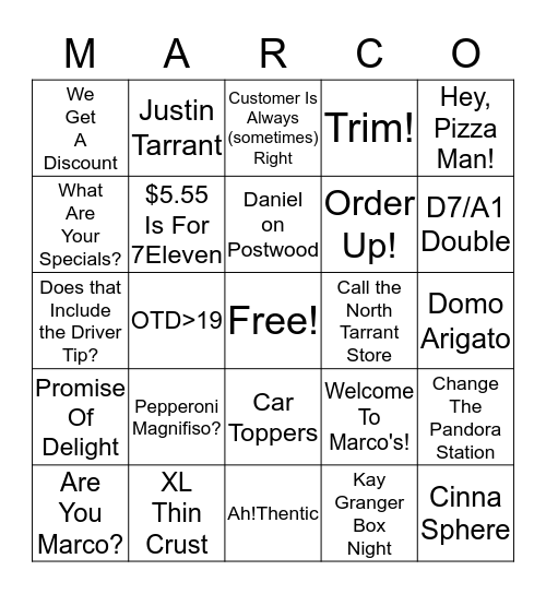 Marco's Pizza Bingo Card