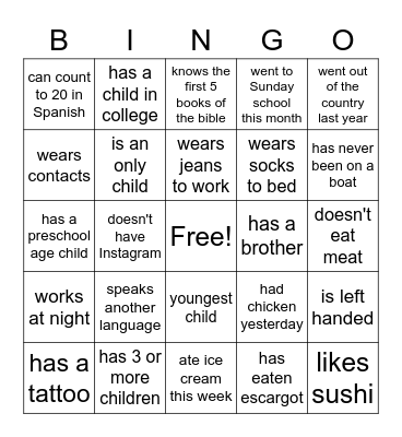 Get To Know You Bingo Card