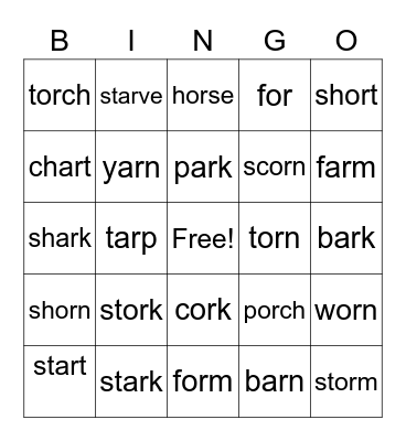 -or/-ar BINGO Cards Bingo Card