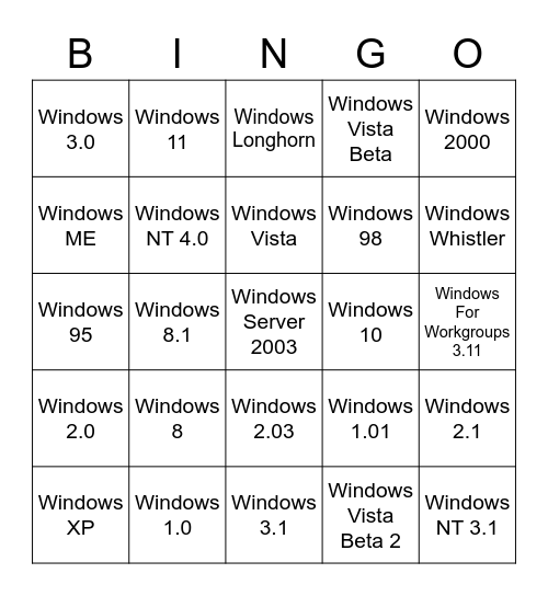 Windows OS Bingo Card