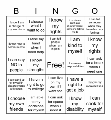 Self Advocacy BINGO Card