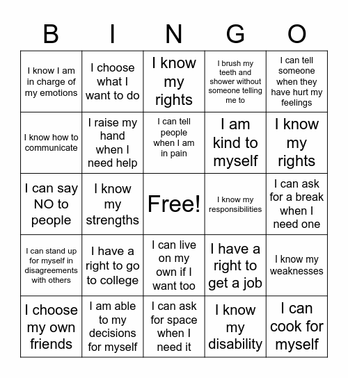 Self Advocacy BINGO Card