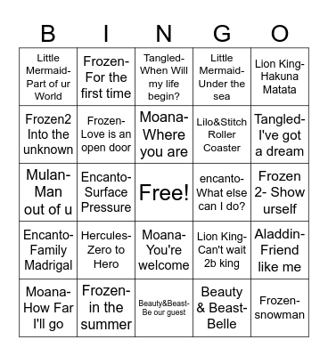 Mixtape Bingo Disney Bingo Card