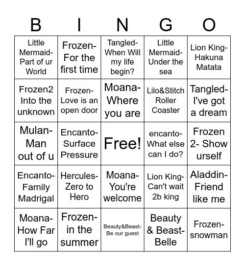 Mixtape Bingo Disney Bingo Card