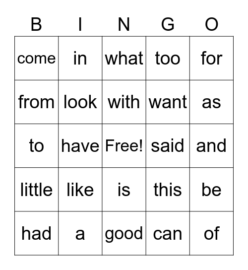 Sight Word BINGO Card