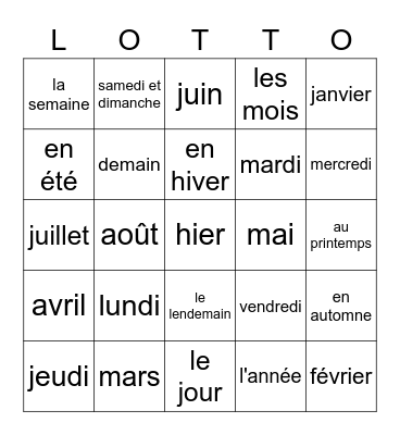 Les jours de la semaine, les mois, et les saisons Bingo Card