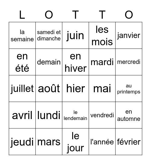 Les jours de la semaine, les mois, et les saisons Bingo Card