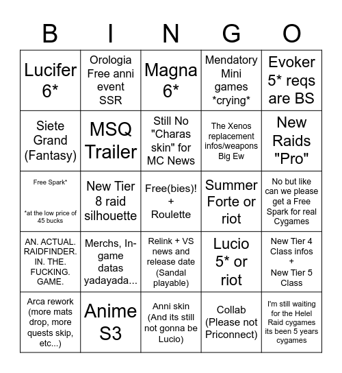 GBF 9 Anni Stream Bingo Card