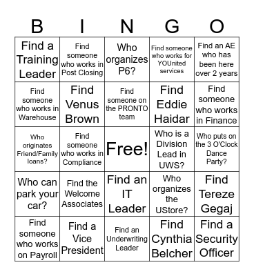 Find the Team Members! Bingo Card