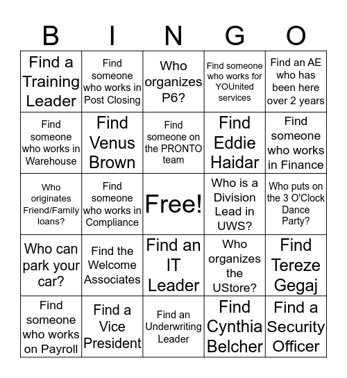 Find the Team Members! Bingo Card