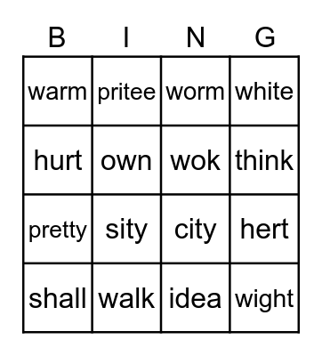Spelling Test #11 Bingo Card