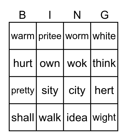 Spelling Test #11 Bingo Card
