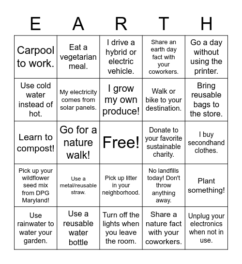 DPG Earth Day Bingo Card