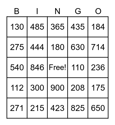 Addition/Subtraction within 1000 Bingo Card