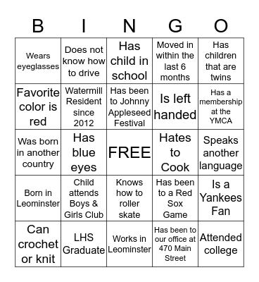 Watermill Holiday Party Bingo Card