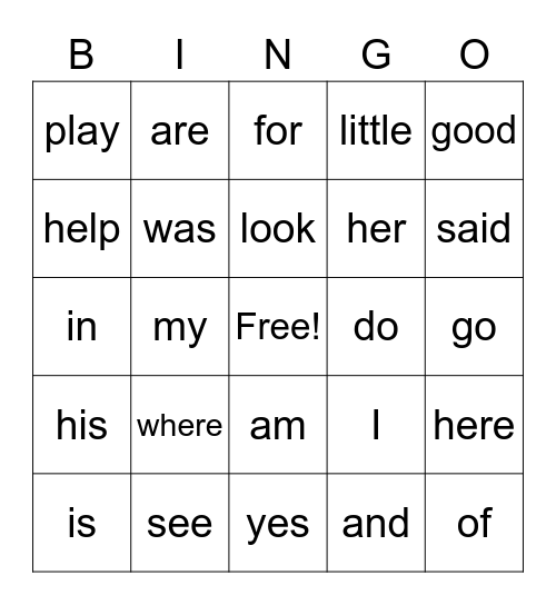 SIGHT WORD BINGO Card