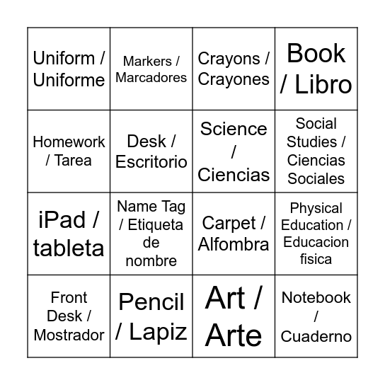 School Bingo / Loteria de Escuela Bingo Card