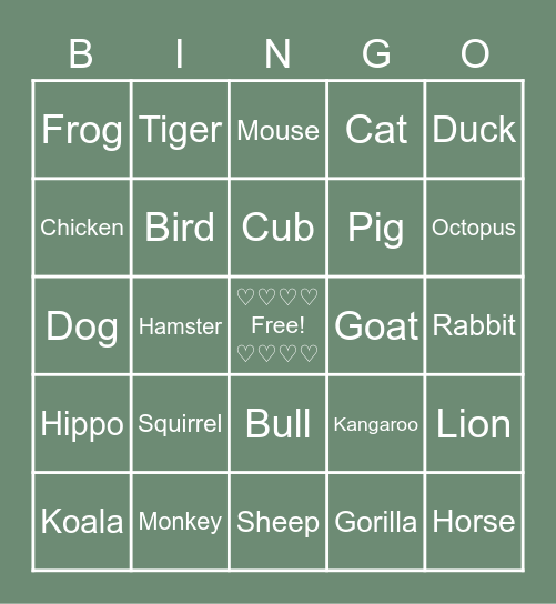 ACNH Villager Species Bingo Card
