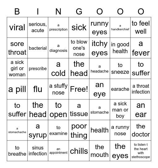 Health and Medicine in French Bingo Card