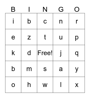Lowercase Letters of the Alphabet Bingo Card