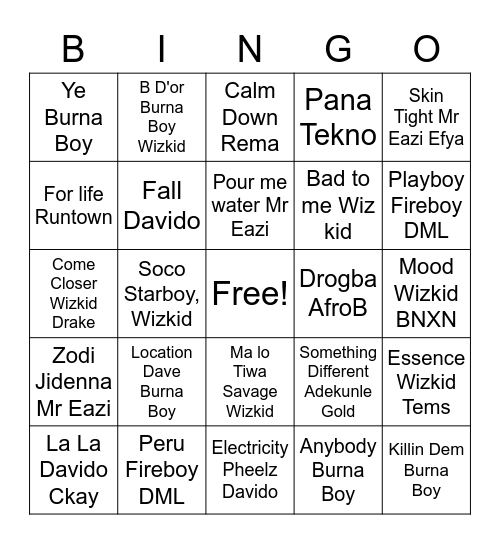 afrobeats mixtape Bingo Card