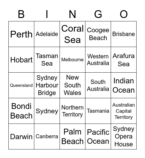 Australian State Territory City Ocean Sea Bingo Card