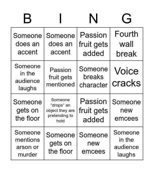 improv Bingo Night! Bingo Card