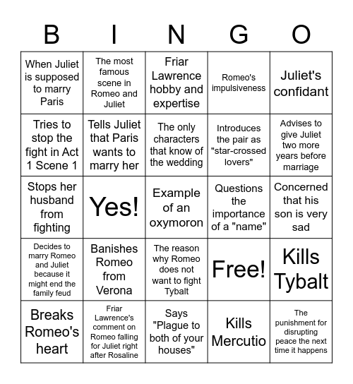 Romeo and Juliet Acts 1-3 Bingo Card
