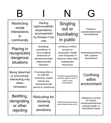 Psychological Maltreatment!!! Bingo Card