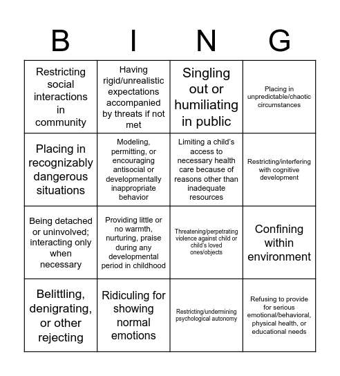 Psychological Maltreatment!!! Bingo Card