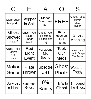 Chaos Crew Bingo Card