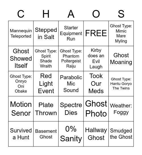 Chaos Crew Bingo Card