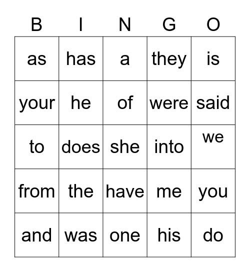 Heart Word Bingo Card