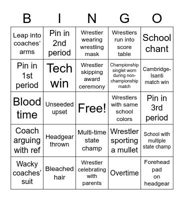 State Wrestling BINGO Card