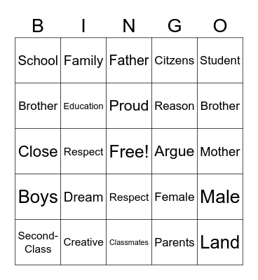 Waangari Vocabulary Bingo Card